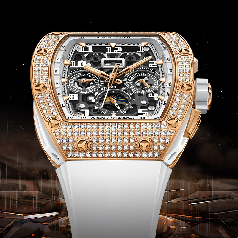 BONEST GATTI Automatic Zircon Bezel Barrel Shaped Skeleton Sapphire Crystal Watch BG5004