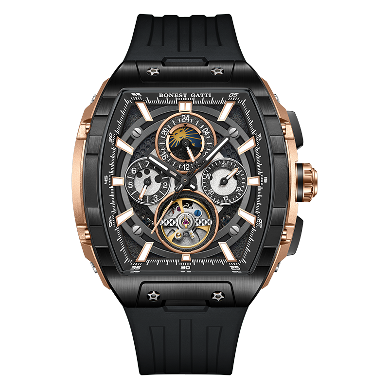 BONEST GATTI Automatic Tonneau Watch Calendar Week Display Skeleton Self Wind Movement Sapphire Crystal Luminous Watch BG5005