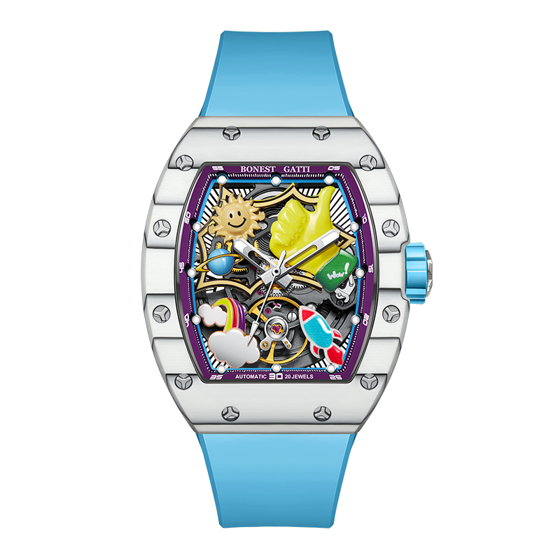 BONEST GATTI Carbon fiber + Aluminum alloy Case Barrel shaped Thumbs Up Series funny watch Skeleton Movement Crystal Sapphire Watch BG9001