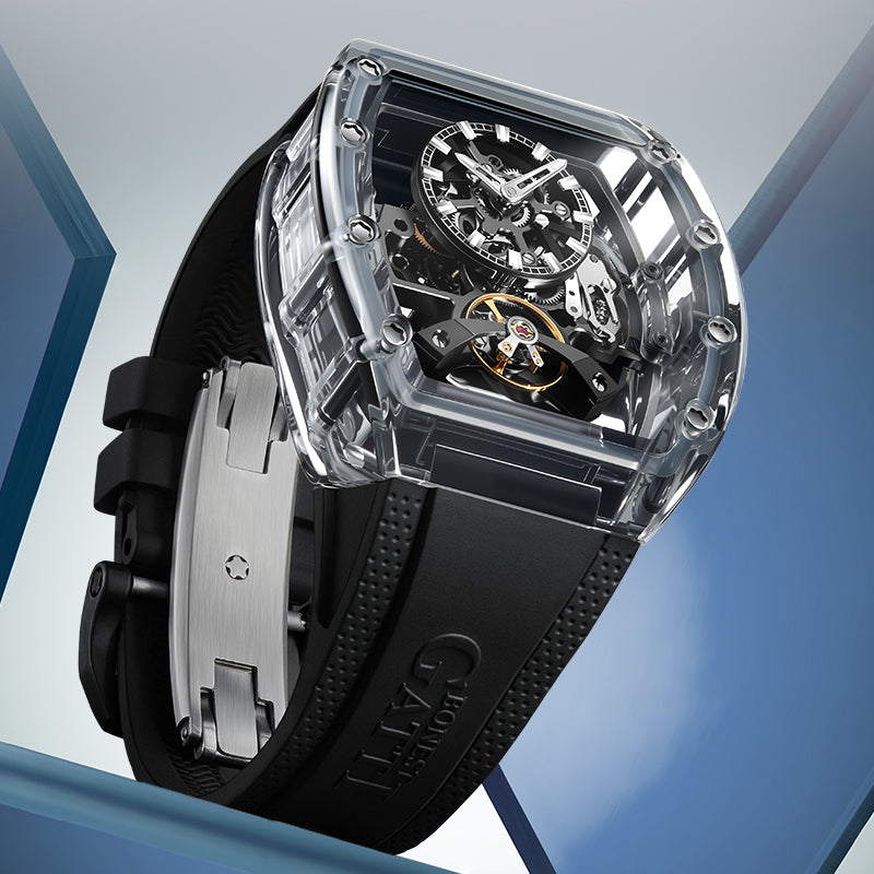 BONEST GATTI Barrel shaped K9 Crystal case Skeleton Movement Fluororubber Strap Watch Luminous BG6005