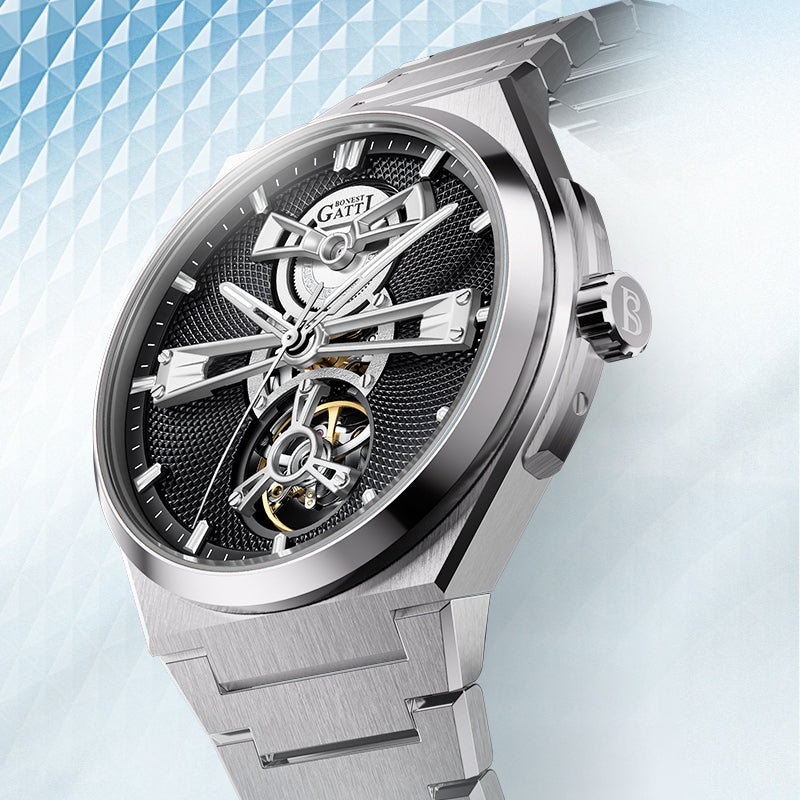 BONEST GATTI Men Watch 44 Zirconia Stones Bezel Crystal Sapphire Automatic Movement Round Shaped 316L Case Skeleton 5ATM Watch BG8014
