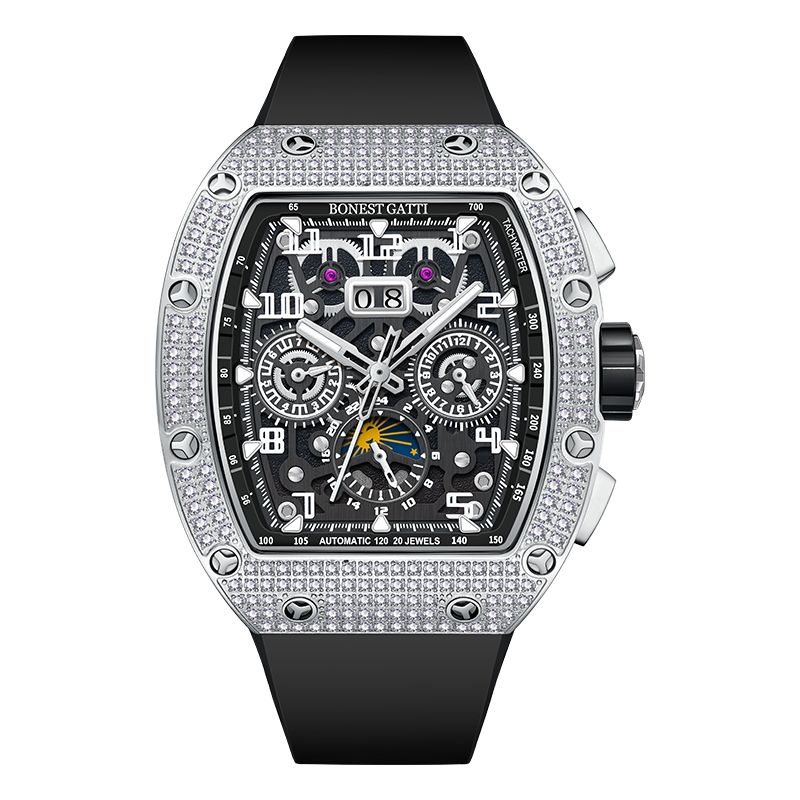 BONEST GATTI Automatic Zircon Bezel Barrel Shaped Skeleton Sapphire Crystal Watch BG5004