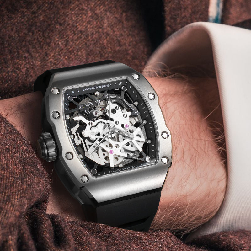 BONEST GATTI Barrel shaped Skeleton Sapphire Crystal CITIZEN Movement Watch BG9905