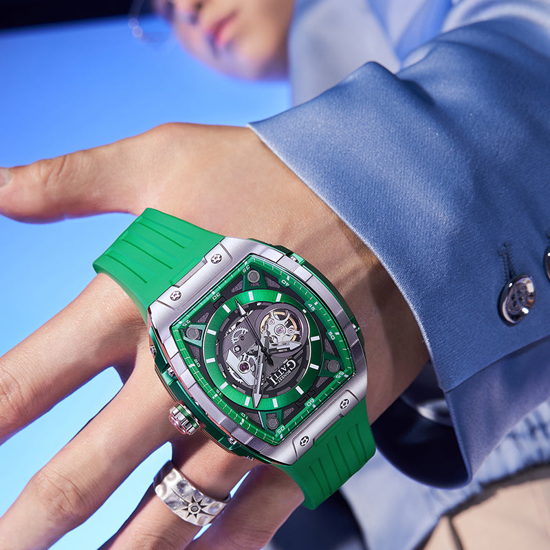 BONEST GATTI Tonneau Automatic Men Watch Barrel shaped Skeleton Self Wind Movement Watch Sapphire Crystal Luminous BG5602