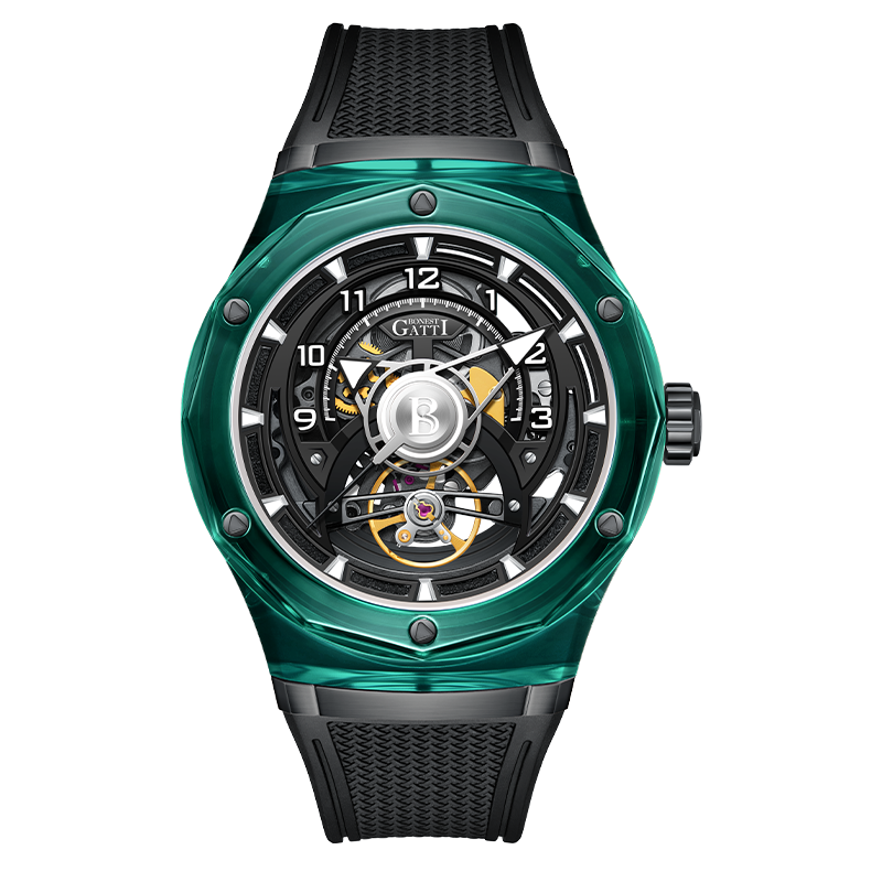 BONEST GATTI Transparent Case Dodecagon Bezel Automatic Skeleton Movement Round Shaped Fluororubber Strap Watch BG6003-R2