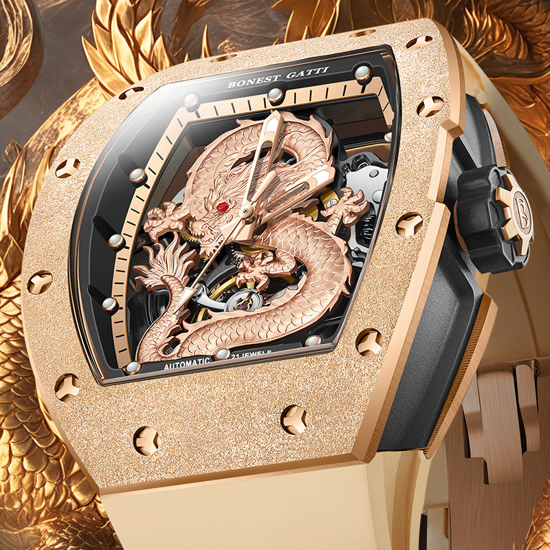 BONEST GATTI Tonneau Shaped Dragon theme frosted gold finishing Case Men's Automatic Mechanical Watch Luminous BG5003