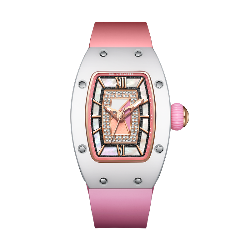 BONEST GATTI Ceramic Case Mother-of-pearl 80 Zirconia Stones Dial Women's Mechanical Watch Luxury Brand Sapphire Rubber Glass Ladies Automatic Waterproof Girl Wristwatch BG3003-R2