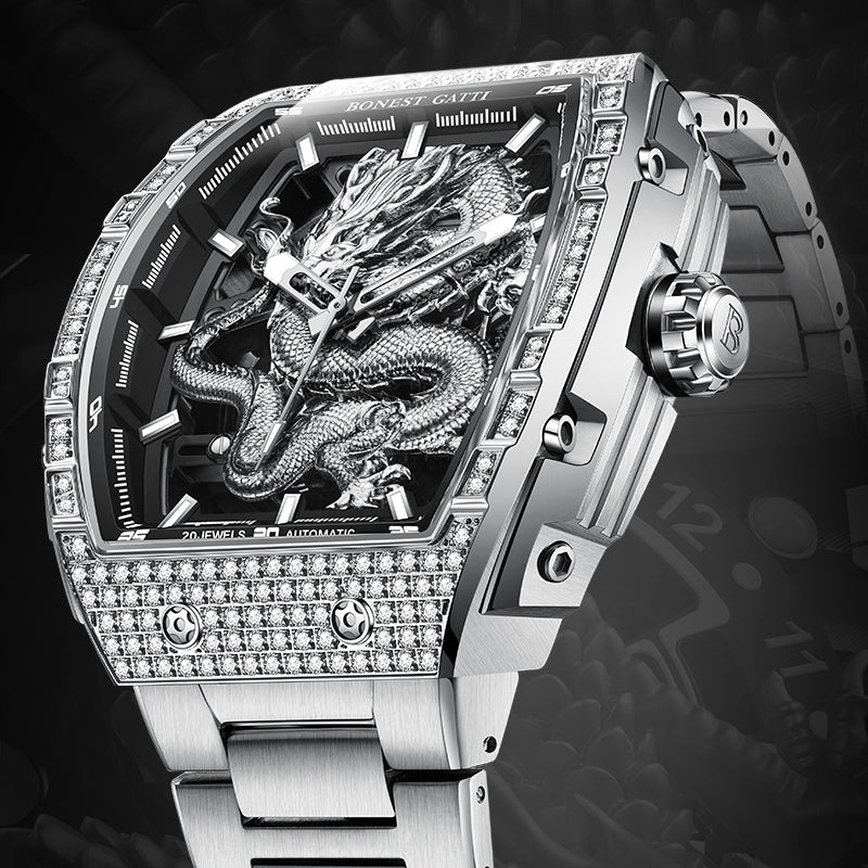BONEST GATTI Barrel Dragon 185 Zircon Stones Bezel Stainless Steel Bracelet Men's Automatic Mechanical Watch Luminous BG5605L