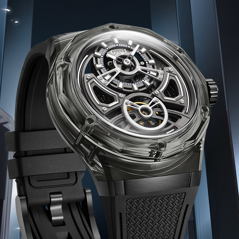 BONEST GATTI Transparent Case Dodecagon Bezel Automatic Skeleton Movement Round Shaped Fluororubber Strap Watch BG-5807
