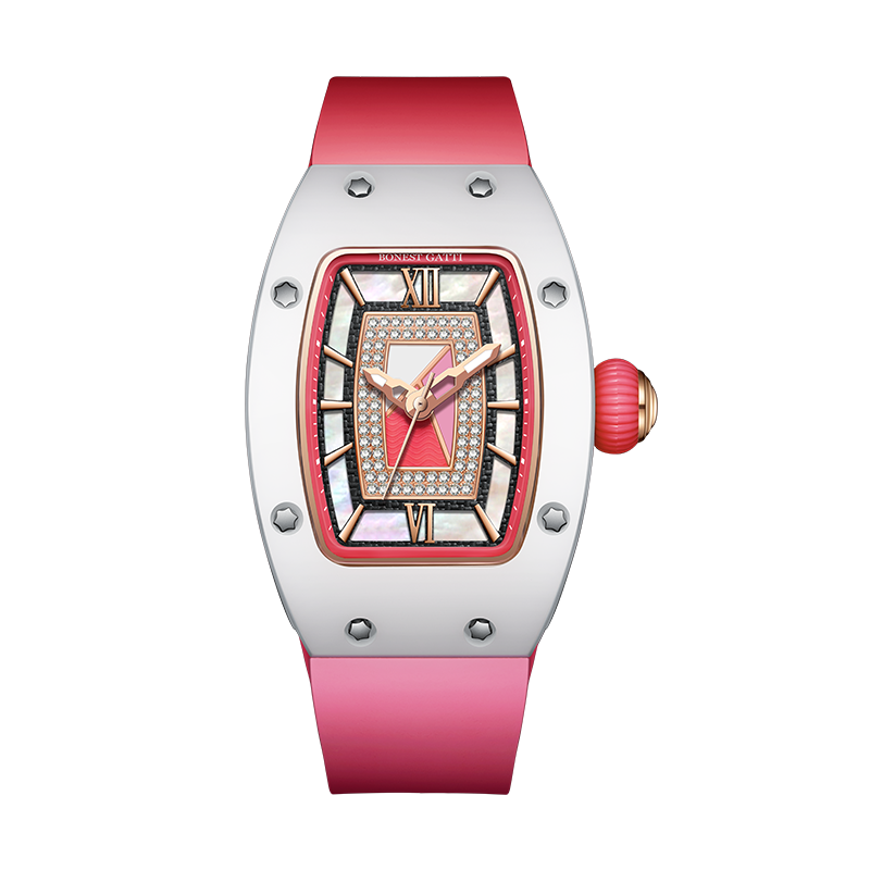 BONEST GATTI Ceramic Case Mother-of-pearl 80 Zirconia Stones Dial Women's Mechanical Watch Luxury Brand Sapphire Rubber Glass Ladies Automatic Waterproof Girl Wristwatch BG3003-R2