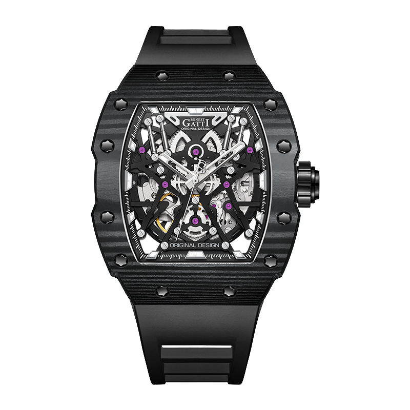 BONEST GATTI Carbon Fiber Titanium Alloy Case Barrel shaped watch Skeleton Movement Watch BG9906