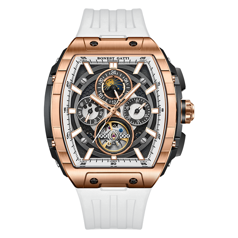 BONEST GATTI Automatic Tonneau Watch Calendar Week Display Skeleton Self Wind Movement Sapphire Crystal Luminous Watch BG5005