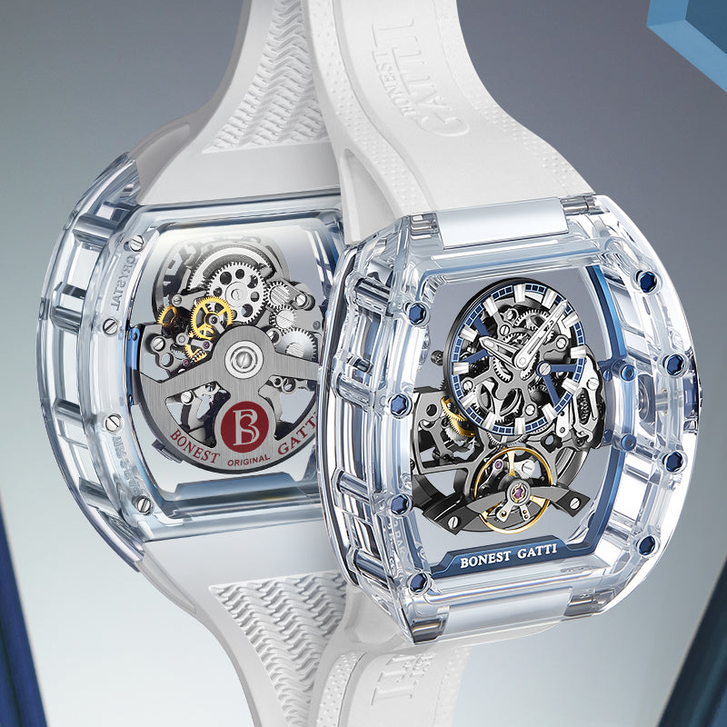 BONEST GATTI Barrel shaped K9 Crystal case Skeleton Movement Fluororubber Strap Watch Luminous BG6005