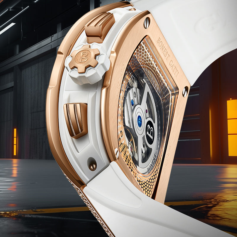 BONEST GATTI Automatic Zircon Bezel Barrel Shaped Skeleton Sapphire Crystal Watch BG5004