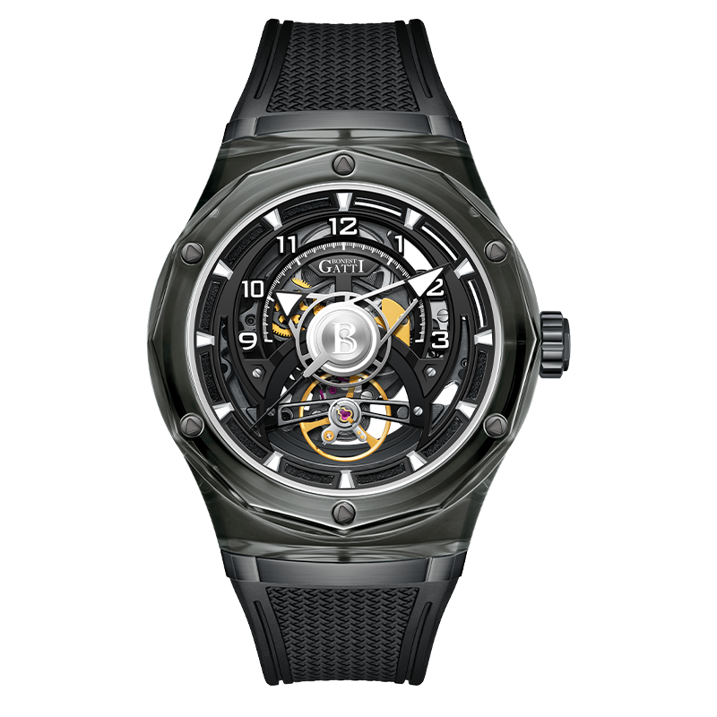 BONEST GATTI Transparent Case Dodecagon Bezel Automatic Skeleton Movement Round Shaped Fluororubber Strap Watch BG6003-R2
