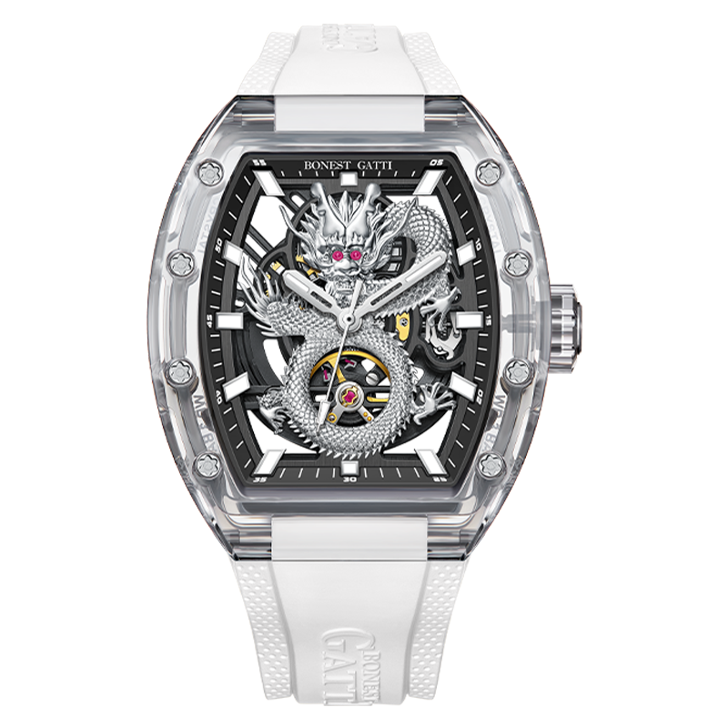 BONEST GATTI Crystal Case Dragon Barrel shaped Skeleton Movement K9 Crystal Case Fluororubber Strap Watch Luminous GB9980