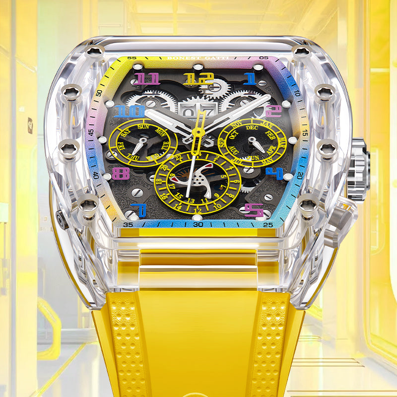 BONEST GATTI Barrel shaped Skeleton Movement K9 Crystal Case Fluororubber Strap Watch Luminous BG9920