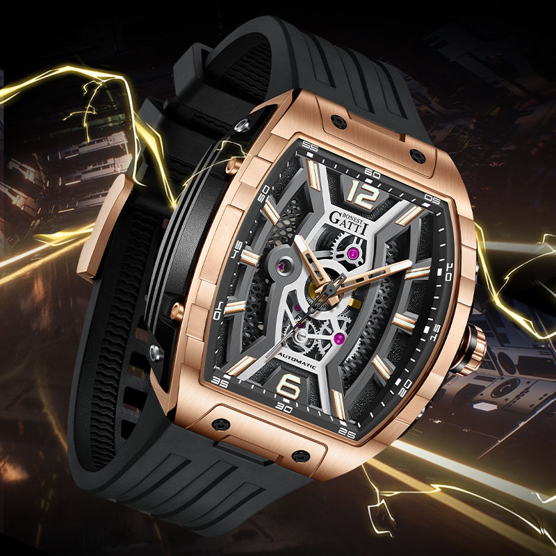 BONEST GATTI Automatic Tonneau Men Watch Barrel shaped Case Skeleton Self Wind Movement Wristwatch Luminous BG5601