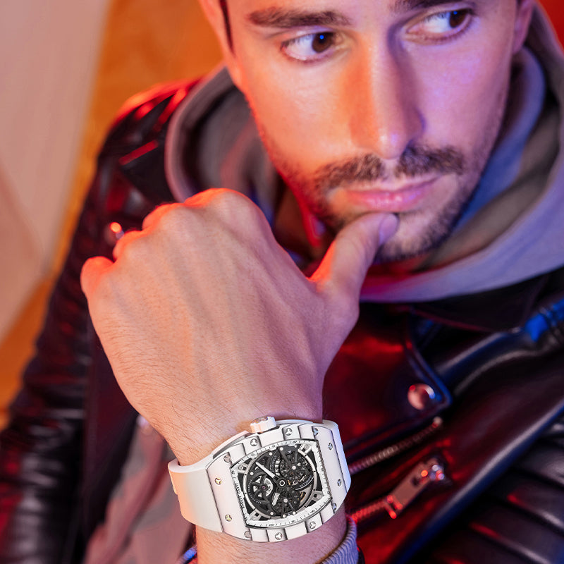 BONEST GATTI Carbon Fiber + Aluminum Alloy Case Barrel Shaped Tonneau Watch Skeleton Movement Sapphire Crystal Quick-Release Strap Watch BG9004