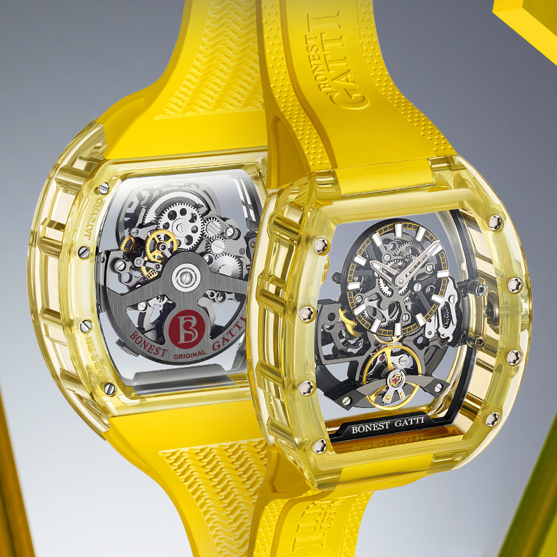 BONEST GATTI Barrel shaped K9 Crystal case Skeleton Movement Fluororubber Strap Watch Luminous BG6005