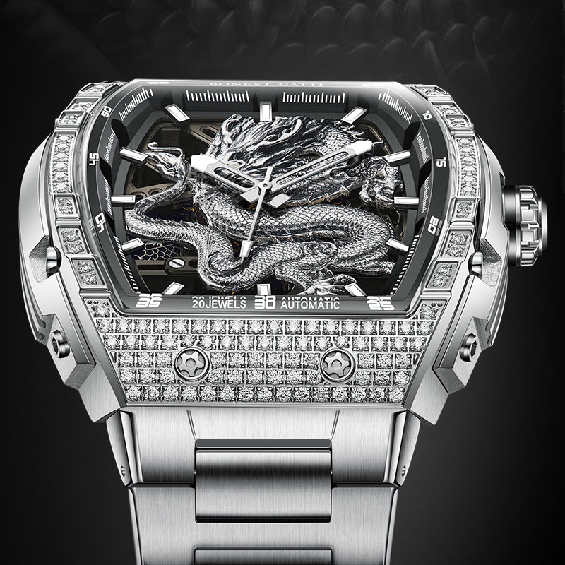 BONEST GATTI Barrel Dragon 185 Zircon Stones Bezel Stainless Steel Bracelet Men's Automatic Mechanical Watch Luminous BG5605L