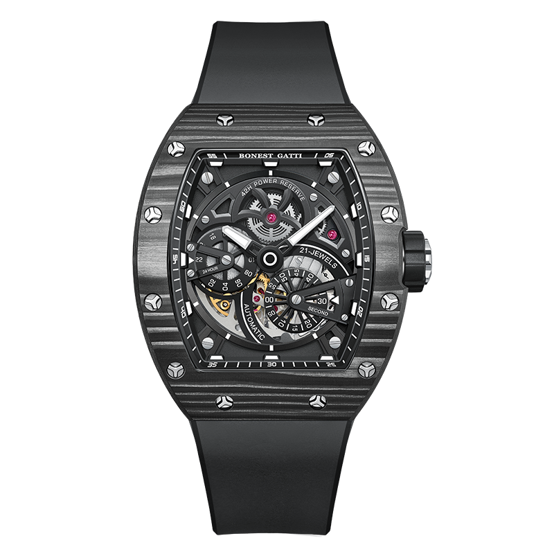 BONEST GATTI Carbon Fiber + Aluminum Alloy Case Barrel Shaped Tonneau Watch Skeleton Movement Sapphire Crystal Quick-Release Strap Watch BG9004
