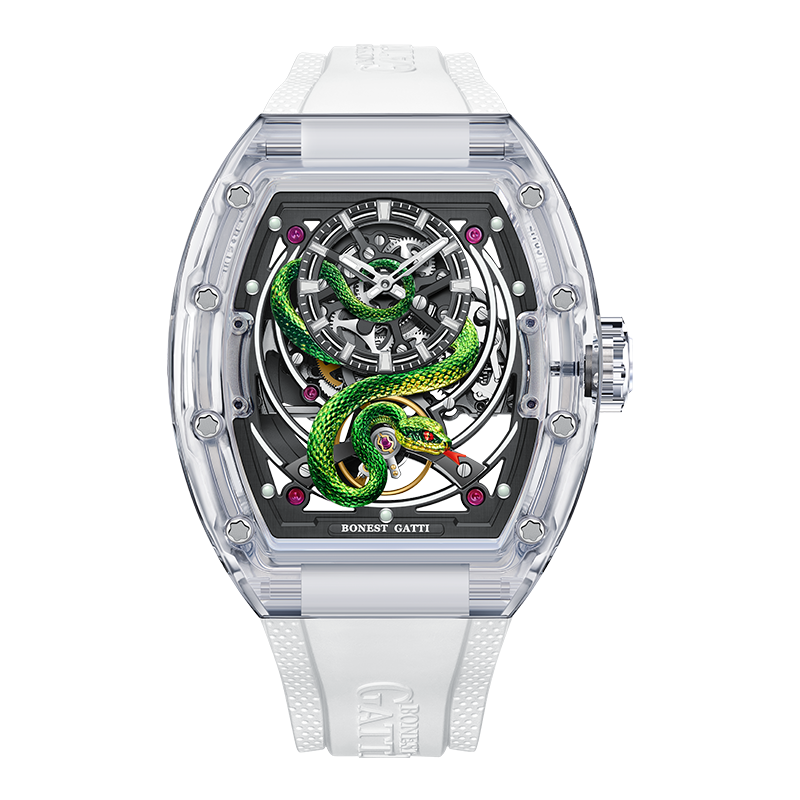 BONEST GATTI Transparent Tonneau Case 3D Snake Dial Skeleton Movement Fluororubber Strap Watch Luminous BG6004
