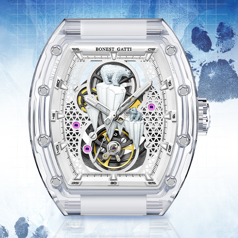 BONEST GATTI Crystal Case 3D Polar Bear Tonneau shaped Skeleton Movement K9 Crystal Case Fluororubber Strap Watch Luminous GB6002