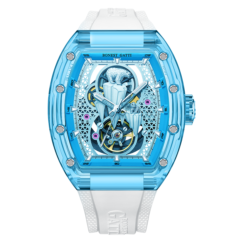 BONEST GATTI Crystal Case 3D Polar Bear Tonneau shaped Skeleton Movement K9 Crystal Case Fluororubber Strap Watch Luminous GB6002