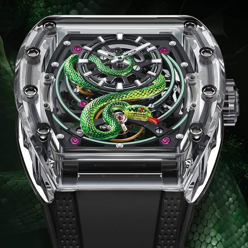 BONEST GATTI Transparent Tonneau Case 3D Snake Dial Skeleton Movement Fluororubber Strap Watch Luminous BG6004