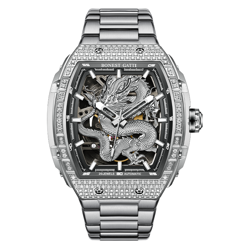 BONEST GATTI Barrel Dragon 185 Zircon Stones Bezel Stainless Steel Bracelet Men's Automatic Mechanical Watch Luminous BG5605L