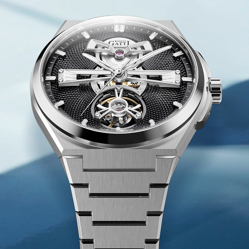 BONEST GATTI Men Watch 44 Zirconia Stones Bezel Crystal Sapphire Automatic Movement Round Shaped 316L Case Skeleton 5ATM Watch BG8014