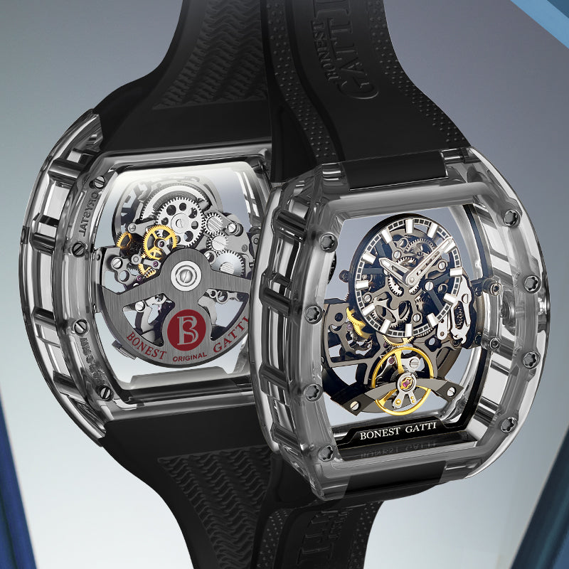 BONEST GATTI Barrel shaped K9 Crystal case Skeleton Movement Fluororubber Strap Watch Luminous BG6005