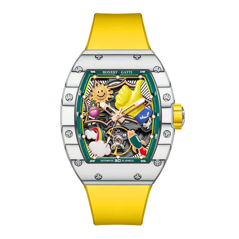BONEST GATTI Carbon fiber + Aluminum alloy Case Barrel shaped Thumbs Up Series funny watch Skeleton Movement Crystal Sapphire Watch BG9001