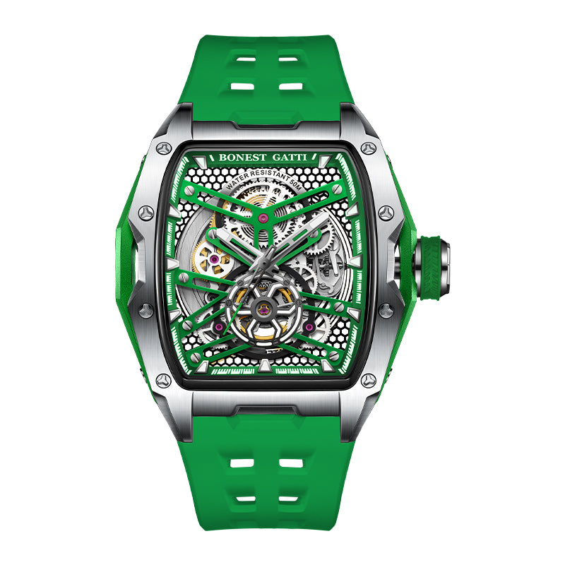BONEST GATTI Tonneau Automatic Men Watch Skeleton Self Wind Movement Barrel shaped Case Luminous BG5502