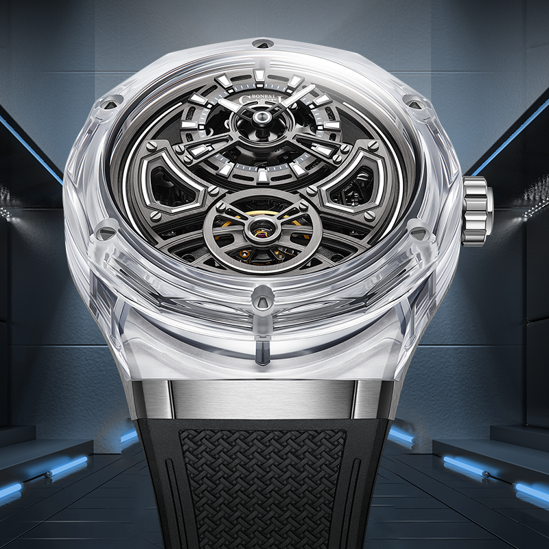 BONEST GATTI Transparent Case Dodecagon Bezel Automatic Skeleton Movement Round Shaped Fluororubber Strap Watch BG-5807