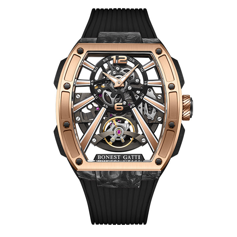 Carbon fiber+fine Steel Case Barrel shaped sapphire crystal watch Skeleton Movement Watch BG9950