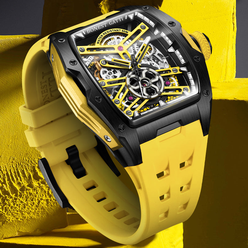 BONEST GATTI Tonneau Automatic Men Watch Skeleton Self Wind Movement Barrel shaped Case Luminous BG5502