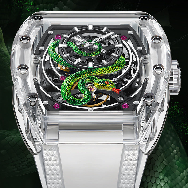 BONEST GATTI Transparent Tonneau Case 3D Snake Dial Skeleton Movement Fluororubber Strap Watch Luminous BG6004