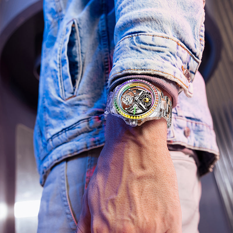 BONEST GATTI Automatic Tourbillon Movement Transparent K9 Crystal Case Skeleton Dial Sapphire Watch Crystal Rainbow Bezel K9 Crystal Bracelet 3ATM Waterproof Luminous BG7002