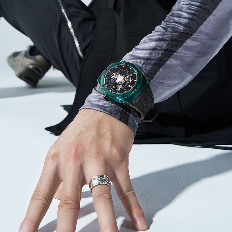 BONEST GATTI Transparent Case Dodecagon Bezel Automatic Skeleton Movement Round Shaped Fluororubber Strap Watch BG6003-R2