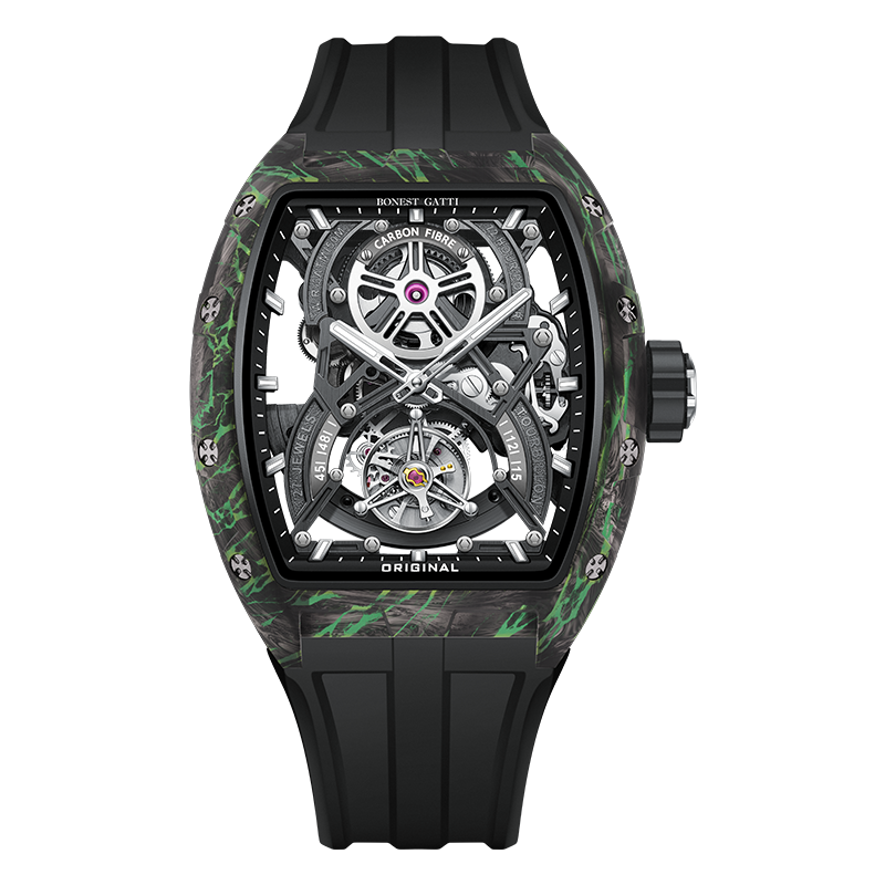 BONEST GATTI Automatic Tourbillon Movement Tonneau Shaped Forged Carbon Fiber Case Sapphire Crystal Fluororubber Strap Luminous BG7003