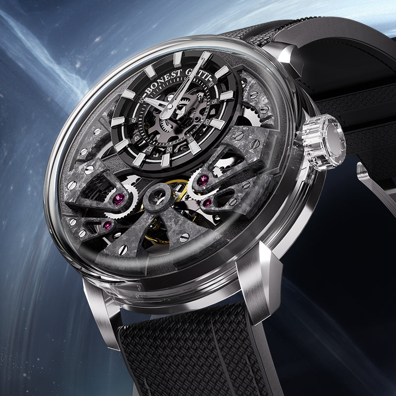 BONEST GATTI Automatic Movement Round Shaped Carbon Fiber Dial watch 316L Case Dome Sapphire Crystal Fluororubber Strap 3ATM Waterproof Luminous BG4002