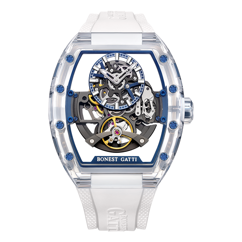 BONEST GATTI Barrel shaped K9 Crystal case Skeleton Movement Fluororubber Strap Watch Luminous BG6005