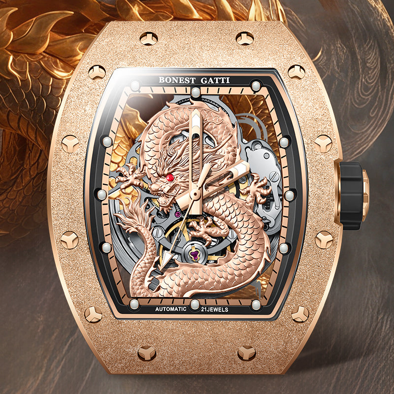 BONEST GATTI Tonneau Shaped Dragon theme frosted gold finishing Case Men's Automatic Mechanical Watch Luminous BG5003