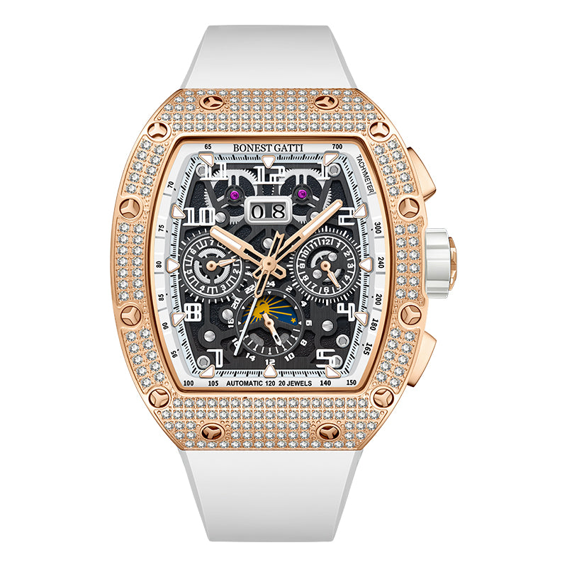 BONEST GATTI Automatic Zircon Bezel Barrel Shaped Skeleton Sapphire Crystal Watch BG5004