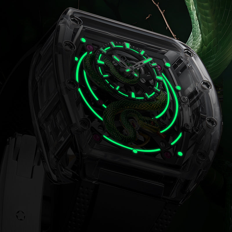 BONEST GATTI Transparent Tonneau Case 3D Snake Dial Skeleton Movement Fluororubber Strap Watch Luminous BG6004