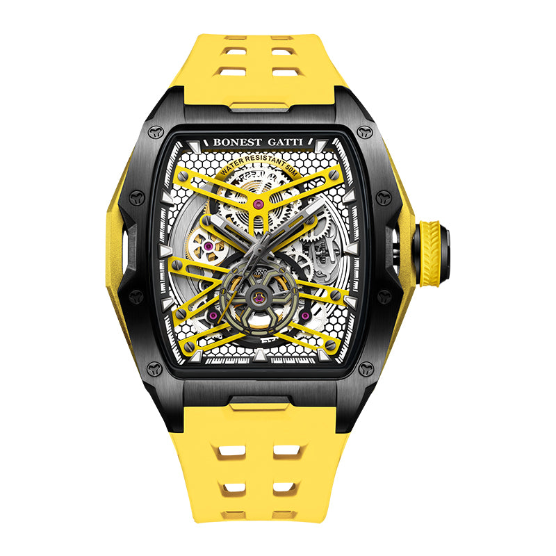 BONEST GATTI Tonneau Automatic Men Watch Skeleton Self Wind Movement Barrel shaped Case Luminous BG5502