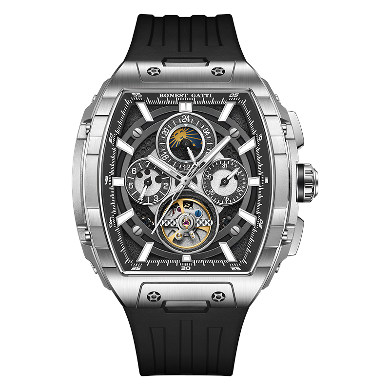 BONEST GATTI Automatic Tonneau Watch Calendar Week Display Skeleton Self Wind Movement Sapphire Crystal Luminous Watch BG5005