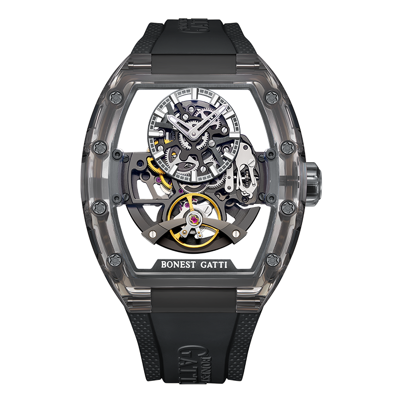 BONEST GATTI Barrel shaped K9 Crystal case Skeleton Movement Fluororubber Strap Watch Luminous BG6005